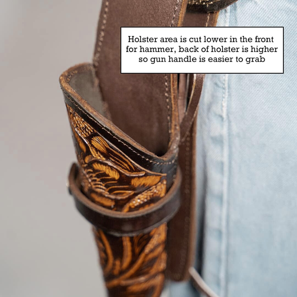 LEFT Cross Draw Tooled Leather Holster - Brown