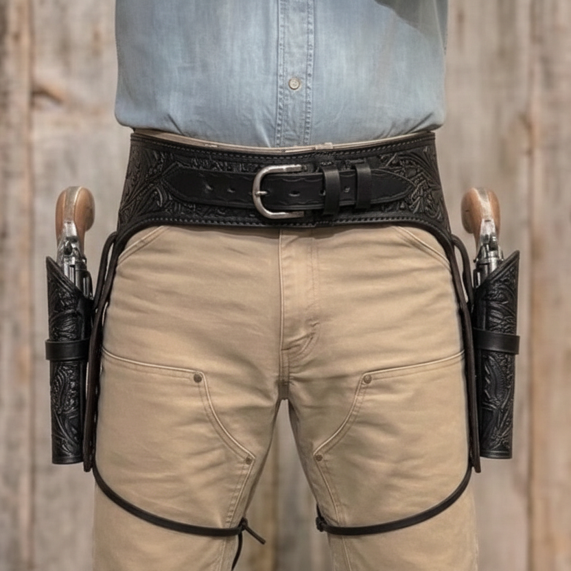 Double Western Holster & Belt 44 45 Cal - Black